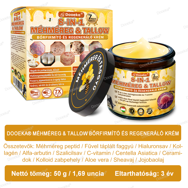 Dooeka® 𝟖-𝐈𝐧-𝟏 Méhméreg & Tallow Bőrfirmító és Regeneráló Krém ⭐ (7 napon belül hatékony) Méhméreg + Tallow · 7X Mélyhidratálás, célozza meg a ráncokat, megereszkedést, striákat, sötét foltokat, purpurát, gyulladásokat és még sok mást.