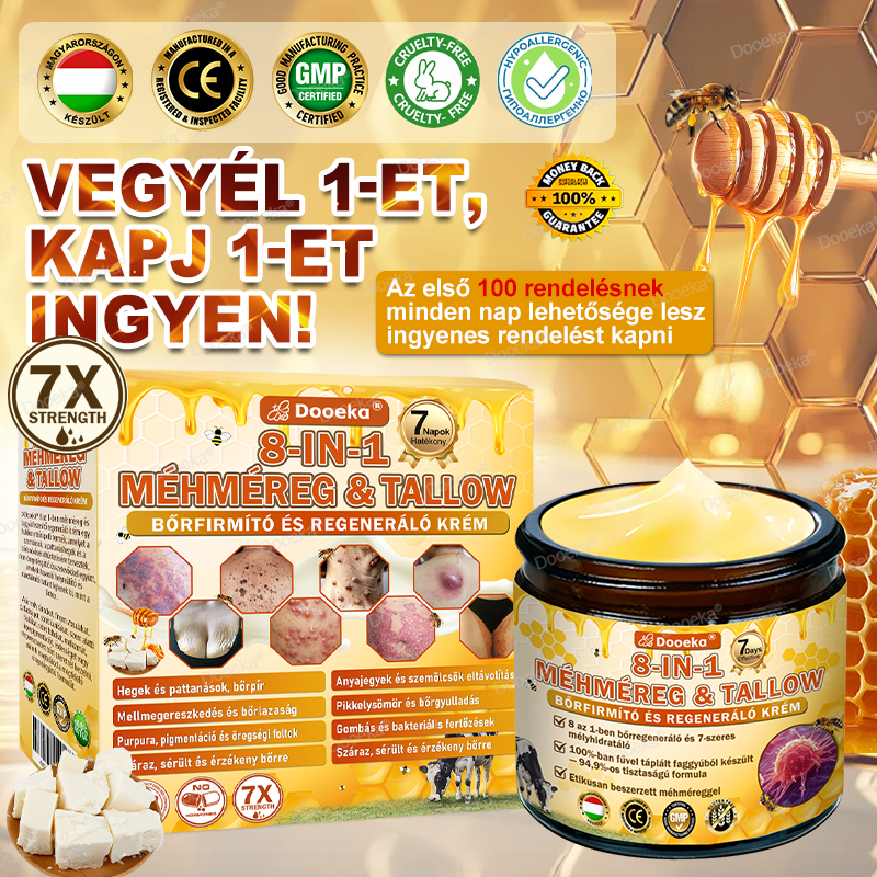 Dooeka® 𝟖-𝐈𝐧-𝟏 Méhméreg & Tallow Bőrfirmító és Regeneráló Krém ⭐ (7 napon belül hatékony) Méhméreg + Tallow · 7X Mélyhidratálás, célozza meg a ráncokat, megereszkedést, striákat, sötét foltokat, purpurát, gyulladásokat és még sok mást.