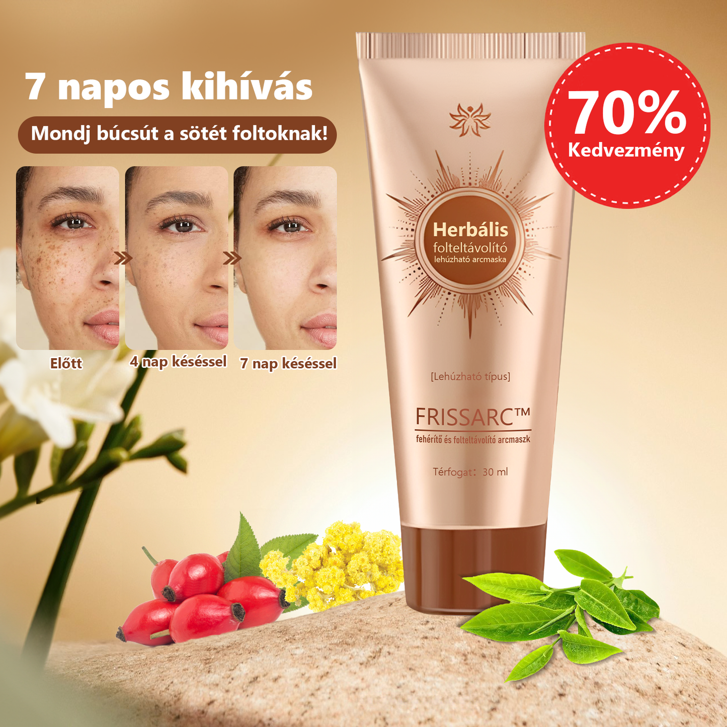 𝐅𝐑𝐈𝐒𝐒𝐀𝐑𝐂™ Fehérítő És Folteltávolító Arcmaszk - Természetes összetevők tartósan eltüntetik a foltokat, szeplőket és napfoltokat.